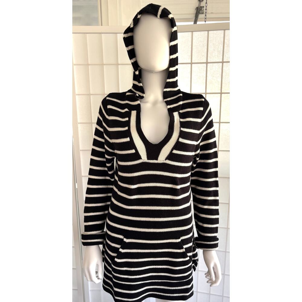 Saint Tropez Hooded Sweater Women’s Large Black White Striped Coastal Nautical